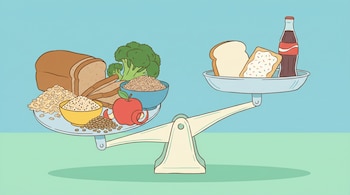 Balanza ilustrada. Un plato carga alimentos integrales (pan, avena, brócoli, manzana, quinoa, arroz, lentejas). El otro, productos refinados (pan blanco, pastel, gaseosa).