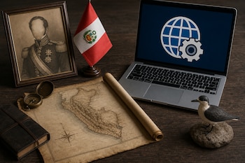 Retrato en marco, bandera de Perú, mapa antiguo, brújula, libro, computadora portátil abierta y figura de ave sobre una mesa de madera.