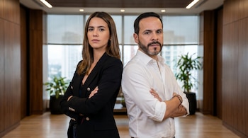Mafe Carrascal y Abelardo de la Espriella posan de espaldas, con los brazos cruzados, en una oficina moderna con ventanales.