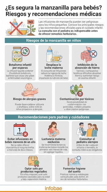 Infografía sobre seguridad de manzanilla en bebés, con riesgos de salud infantil, recomendaciones médicas para padres y cuidadores, e ilustraciones.