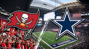 Los emblemas de Tampa Bay Buccaneers y Dallas Cowboys sobre una imagen dividida del estadio AT&T Stadium y aficionados.