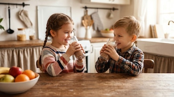 Dos niños, un niño y una niña, sentados en una mesa de madera bebiendo leche chocolatada de vasos transparentes. Hay un tazón de fruta al frente.