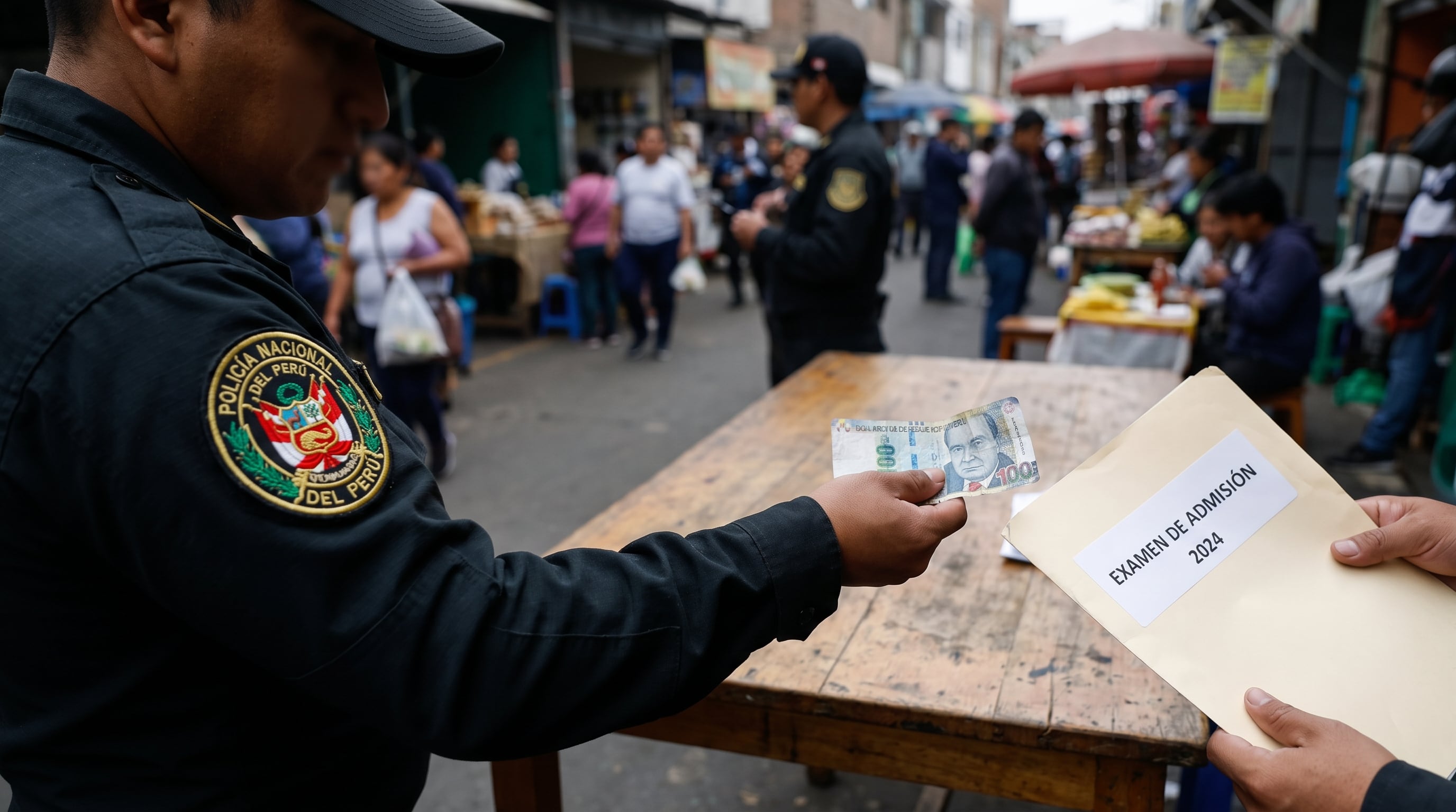 Un agente de la Policía Nacional del Perú recibe un billete de cien soles a cambio de una carpeta rotulada como