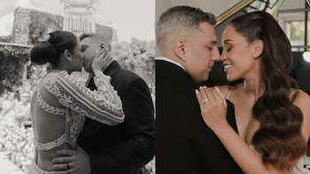 Composición de dos fotos de una pareja el día de su boda: a la izquierda, un beso en blanco y negro; a la derecha, un abrazo en color