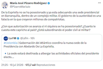 María José Pizarro cuestionó obras de la nueva sede presidencial en Barranquilla y critica promesas de austeridad - crédito @PizarroMariaJo/X