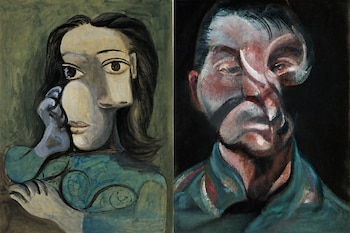 Dos pinturas al óleo colocadas juntas; la izquierda presenta a una mujer con rasgos geométricos y la derecha a un hombre de rostro distorsionado.