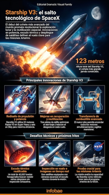 Infografía detallada del Starship V3 de SpaceX, mostrando el cohete lanzándose, en órbita con la Luna, sus componentes internos y un alunizaje futuro.