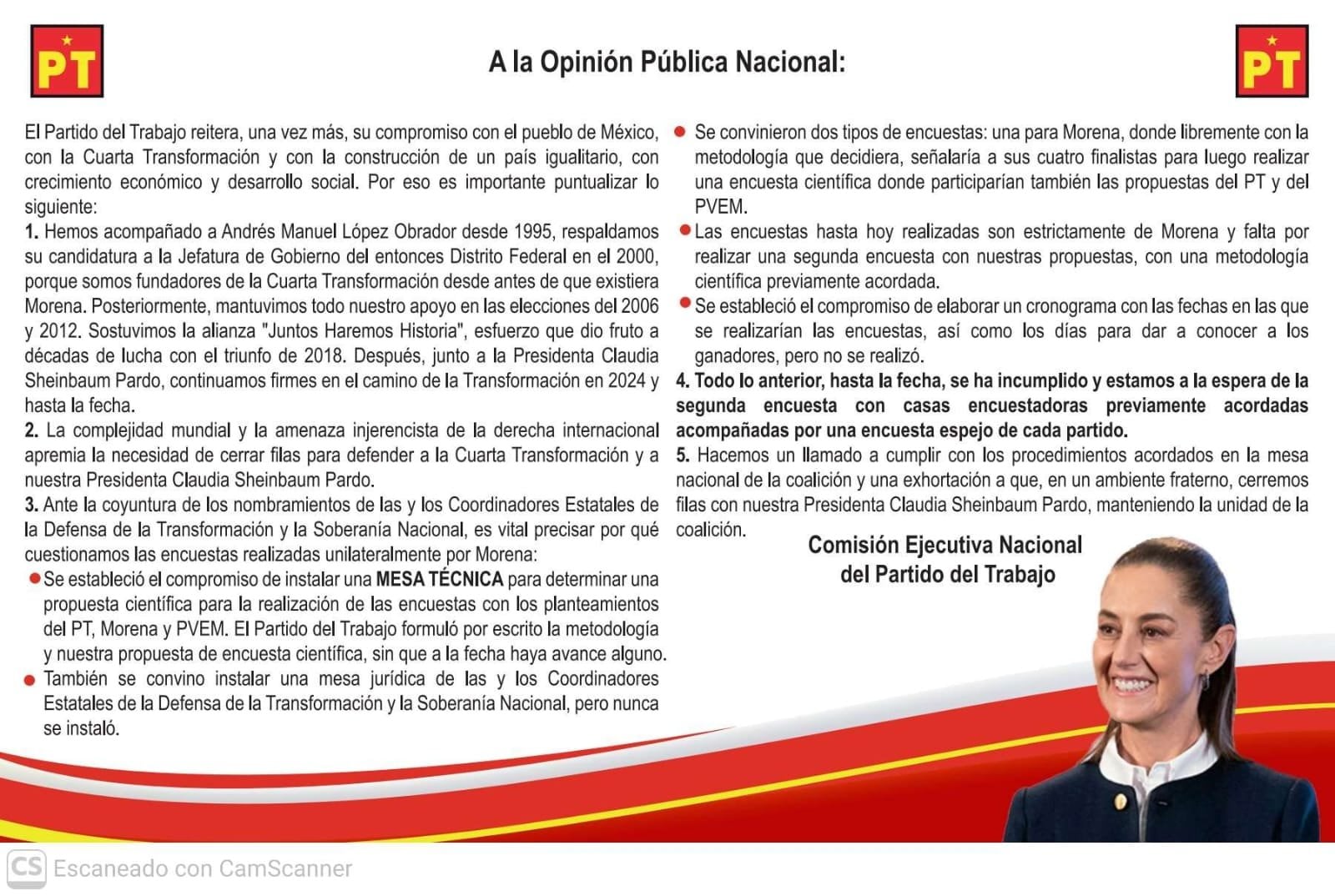 Un comunicado de la Comisión Ejecutiva Nacional del Partido del Trabajo en México señala que Morena incumplió los acuerdos establecidos para definir las coordinaciones estatales. (@AlbertoAnayaGt)