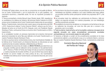 Comunicado del Partido del Trabajo con texto informativo, logotipos en las esquinas superiores y la fotografía de una mujer en la parte inferior