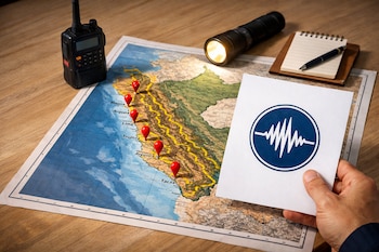Un mapa de Perú con pines rojos y líneas amarillas, una radio portátil, una linterna encendida, una libreta, y una mano con el logo del IGP.