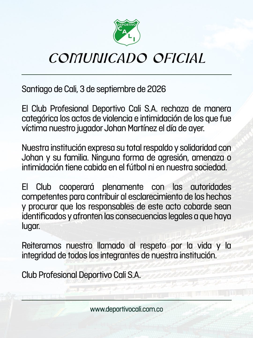 Deportivo Cali rechazó los actos de violencia contra Johan Martínez y su familia - crédito Deportivo Cali