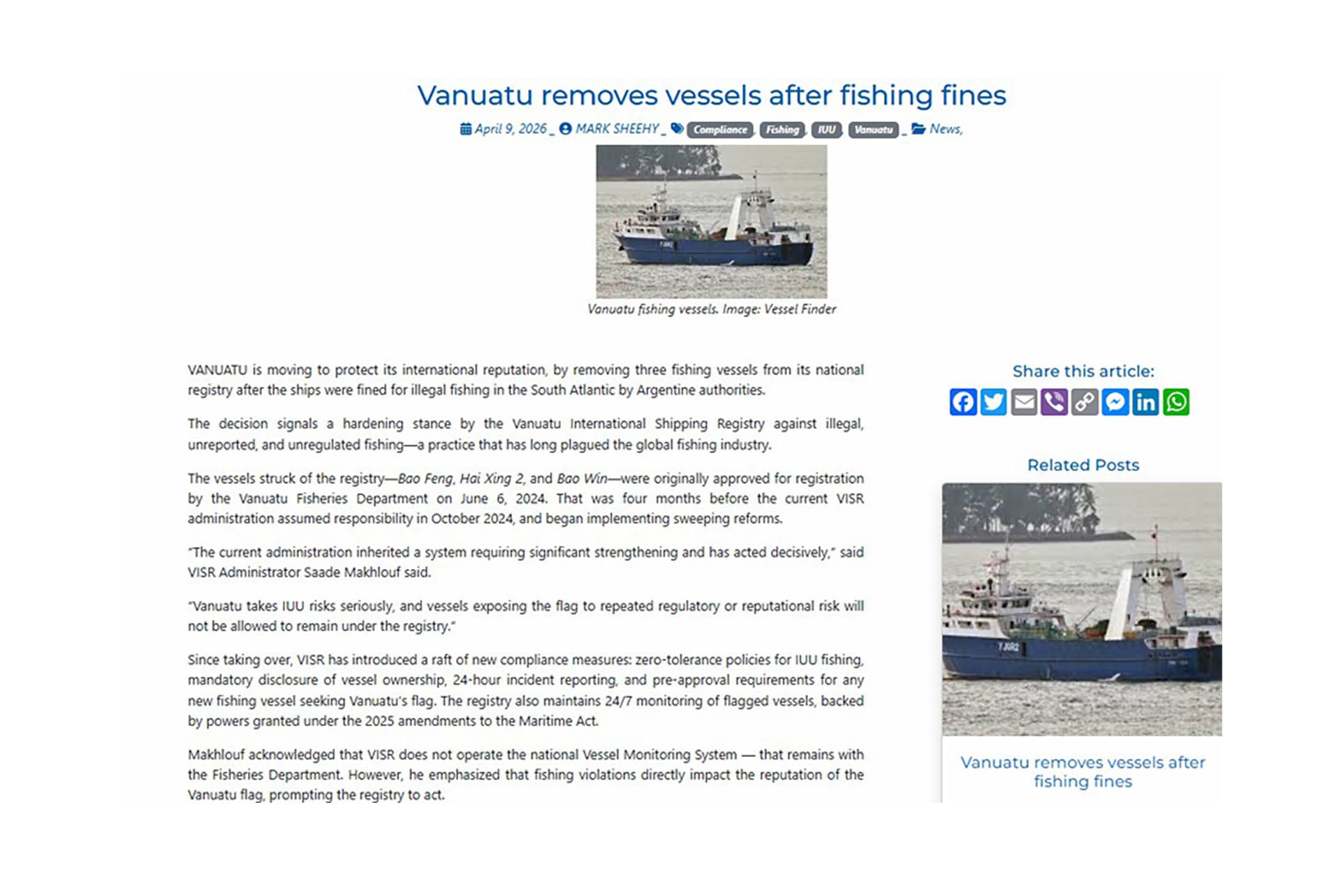 La nota en Business Islands, sobre el retiro de bandera de Vanuatu a 3 buques chinos que pescaron ilegalmente en aguas argentinas
