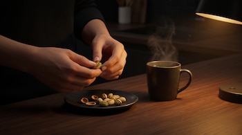 Dos manos abren un pistacho frente a un plato pequeño y una taza con vapor sobre una mesa de madera iluminada por una lámpara.