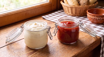Dos frascos de vidrio abiertos con mayonesa y salsa de tomate sobre una mesa de madera, con una cesta de pan y un tazón al fondo.