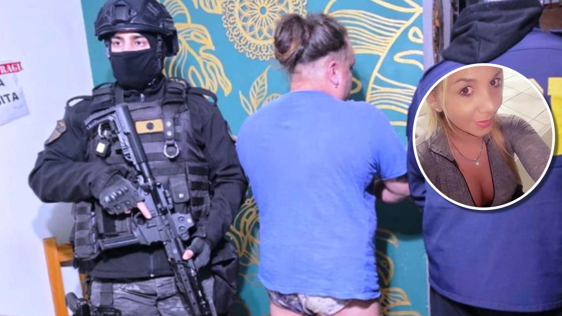 Un oficial táctico supervisa la detención del prófugo implicado en el transfemicidio de Alejandra Benites, cuya imagen se muestra en el recuadro.
