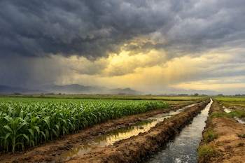 Campo de cultivos de plantas verdes, canales de riego con agua, caminos de tierra, cielo con nubes oscuras y luz amarilla, montañas difusas en el horizonte.