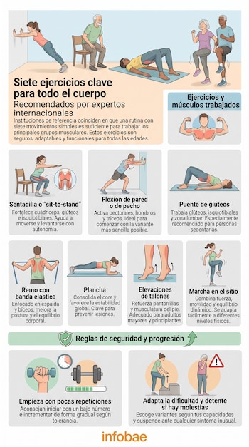 Infografía ilustrada con siete ejercicios corporales. Muestra músculos y pautas de seguridad y progresión.