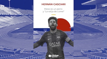 Imagen de Lionel Messi con camiseta del FC Barcelona, superpuesto sobre un estadio azulado con pista de atletismo. Incluye texto "Hernán Casciari" y citas.
