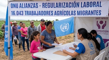 Gente hace fila en un campo para un evento de la ONU. Una mujer y una niña sonríen en una mesa de registro con personal. Banderas y un cartel grande de la ONU son visibles.