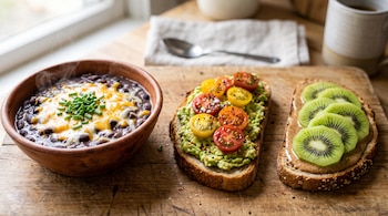 Tazón de barro con frijoles negros y queso junto a dos tostadas cubiertas con aguacate, tomates y rodajas de kiwi sobre madera.