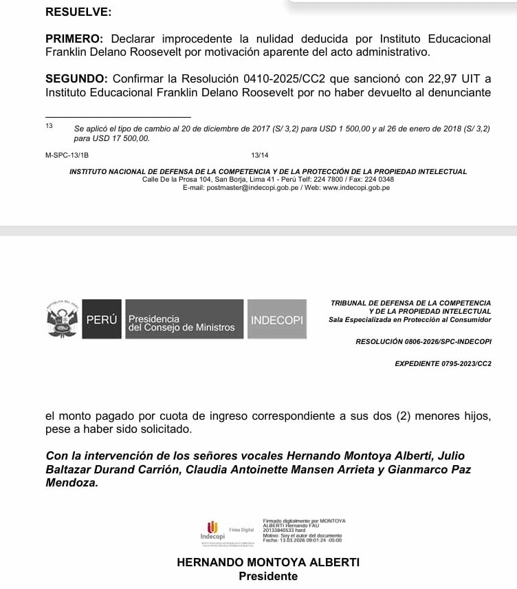 Indecopi confirma cuantiosa multa contra el colegio Roosevelt.