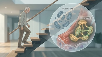 Ilustración de un hombre mayor subiendo escaleras lentamente, con una burbuja translúcida mostrando mitocondrias debilitadas y otras recuperando conectividad en tejido muscular.