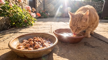 Gato anaranjado bebiendo agua de un cuenco, con otro cuenco de comida húmeda al lado, en un patio exterior soleado con plantas y muro de piedra.