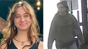 Una joven sonriente con cabello castaño a la izquierda; a la derecha, una figura borrosa en sudadera gris de una cámara de vigilancia