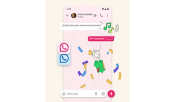 Pantalla de smartphone con aplicación WhatsApp abierta, mostrando un chat, dos logos de WhatsApp en rojo y azul, un dinosaurio animado, confeti y notas musicales