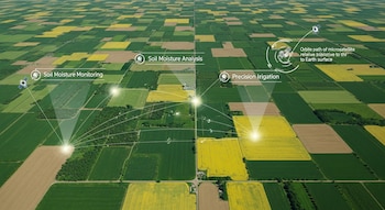 Vista aérea de extensos campos agrícolas cuadrados de tonos verdes, amarillos y marrones con tres microsatélites y textos sobre monitoreo y riego.