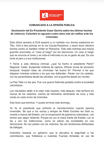 Comunicado de César Gaviria en el que cuestionó la política de Paz Total y expresó su respaldo electoral a Paloma Valencia - crédito Partido Liberal