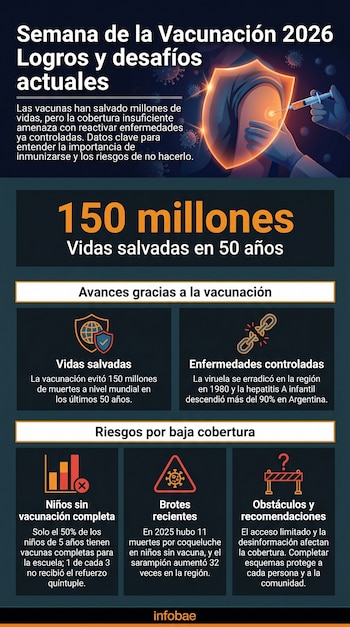 Infografía azul oscura que muestra a una persona recibiendo una vacuna, simbolizada por una jeringa y un escudo protector, rodeada de texto informativo sobre la vacunación.