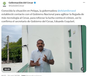 Gobierno del Cesar pidió sistemas antidrones después del ataque a Policía en Pelaya - crédito @GobdelCesar/X