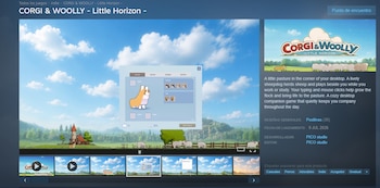 Captura de pantalla de monitor con página del juego Corgi & Woolly, menú de personalización de perro Corgi pixelado, ovejas y paisaje rural