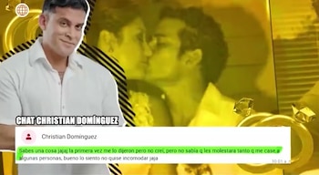 En un collage, Christian Domínguez sonríe a la izquierda, con un fragmento de chat suyo en primer plano. Fondo borroso muestra una pareja besándose