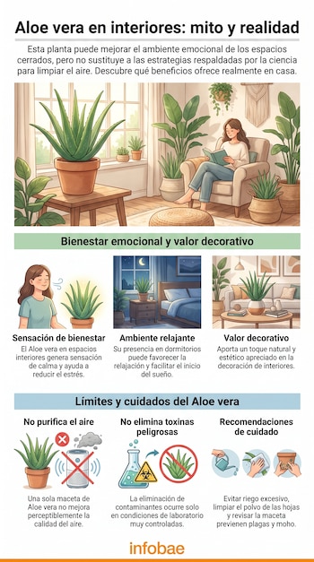 Infografía del Aloe vera con ilustraciones de planta en interiores, mujer relajada, cama, macetas y manos realizando cuidados. Incluye texto y logo Infobae.