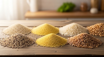 Montones de granos variados, incluyendo quinoa, mijo, amaranto, fonio, trigo espelta, trigo y arroz, sobre una mesa rústica de madera con fondo desenfocado.