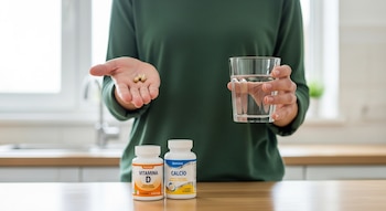 Una persona en camisa verde sujeta dos cápsulas en una mano y un vaso de agua en la otra, con frascos de Vitamina D y Calcio en una mesada de cocina.