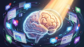 Ilustración de un cerebro humano brillando bajo un haz de luz dorada, rodeado por ventanas emergentes de redes sociales, alertas de noticias y notificaciones de correo electrónico.