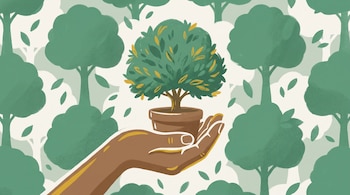 Una mano adulta estilizada, de perfil, sostiene una maceta pequeña con un árbol de copa redonda y follaje frondoso. El fondo muestra un patrón de siluetas de árboles y hojas.