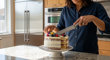 Primer plano de una persona con camisa azul cortando una torta de tres capas con glaseado blanco, decorada con bayas y flores, sobre una bandeja en una cocina.