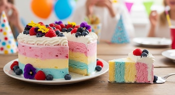 Pastel helado casero de varias capas de colores (rosa, amarillo, azul) decorado con crema batida, frambuesas, arándanos y flores, con un trozo servido.