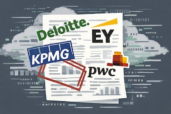 Una ilustración con sellos de Deloitte, EY, KPMG y PwC sobre un informe con texto borroso y gráficos, con una nube de datos digitales de fondo.