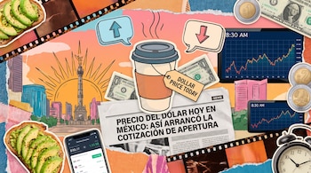 Billetes de dólar, monedas de peso mexicano, taza de café, tostadas de aguacate, despertador, gráficos financieros y el Ángel de la Independencia.
