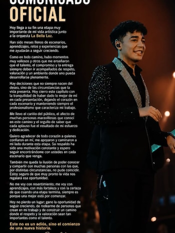 Baruj Ocharán y su comunicado anunciando su salida de La Bella Luz. IG