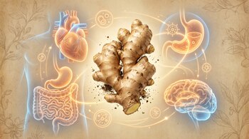 Ilustración científica de una raíz de jengibre fresca en el centro, rodeada por visualizaciones translúcidas iluminadas del corazón, sistema digestivo y cerebro humano.