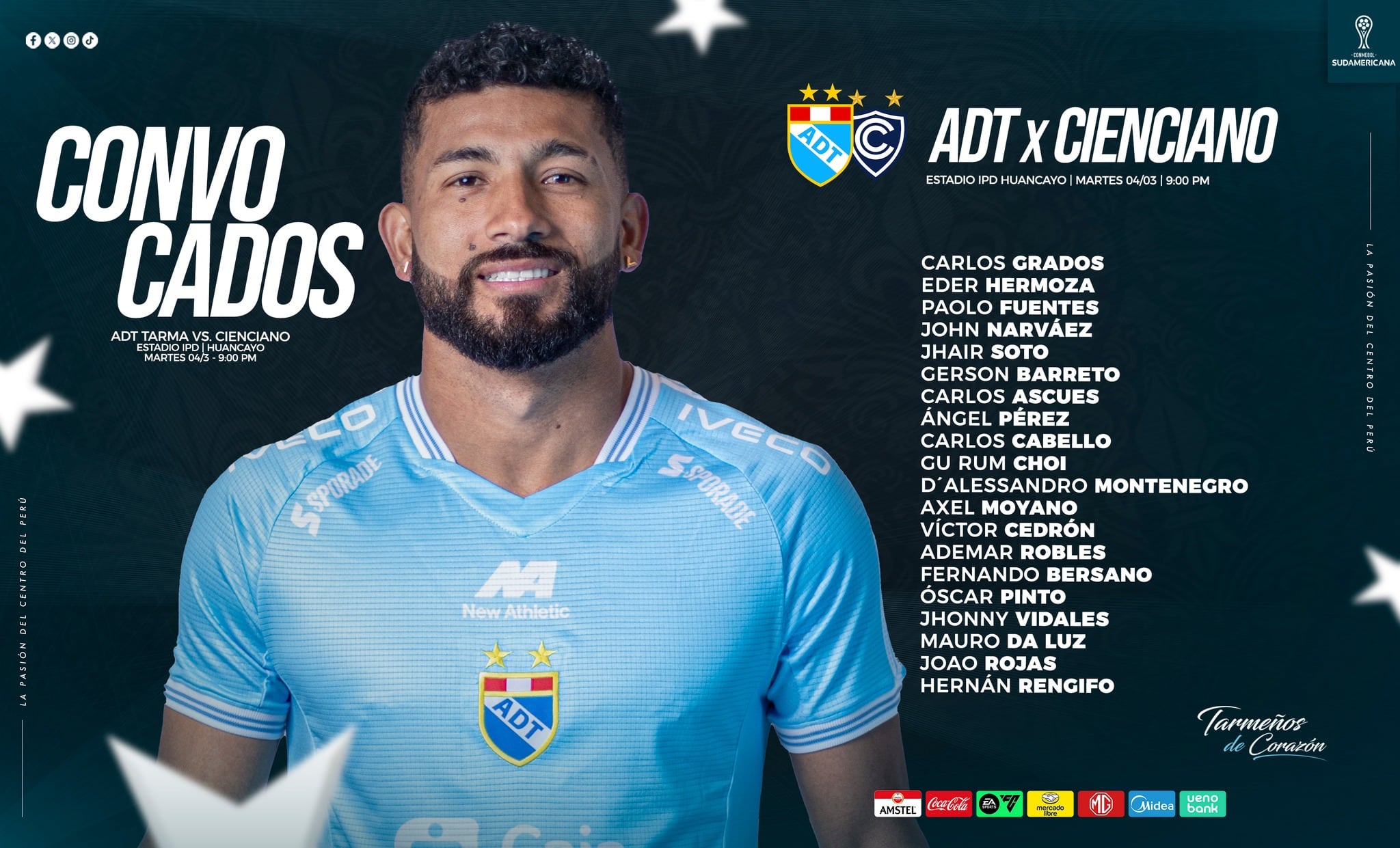 Relación de convocados de Asociación Deportiva Tarma para su debut en la Copa Sudamericana. - Crédito: ADT