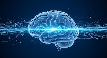 Ilustración de un cerebro humano luminoso en tonos azules y turquesa, con líneas de energía brillante y pequeñas partículas flotantes que lo atraviesan.