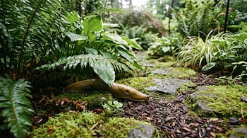 Una babosa de color marrón-amarillento se mueve sobre mantillo y musgo, parcialmente oculta bajo hojas verdes en un jardín húmedo con rocas y helechos.