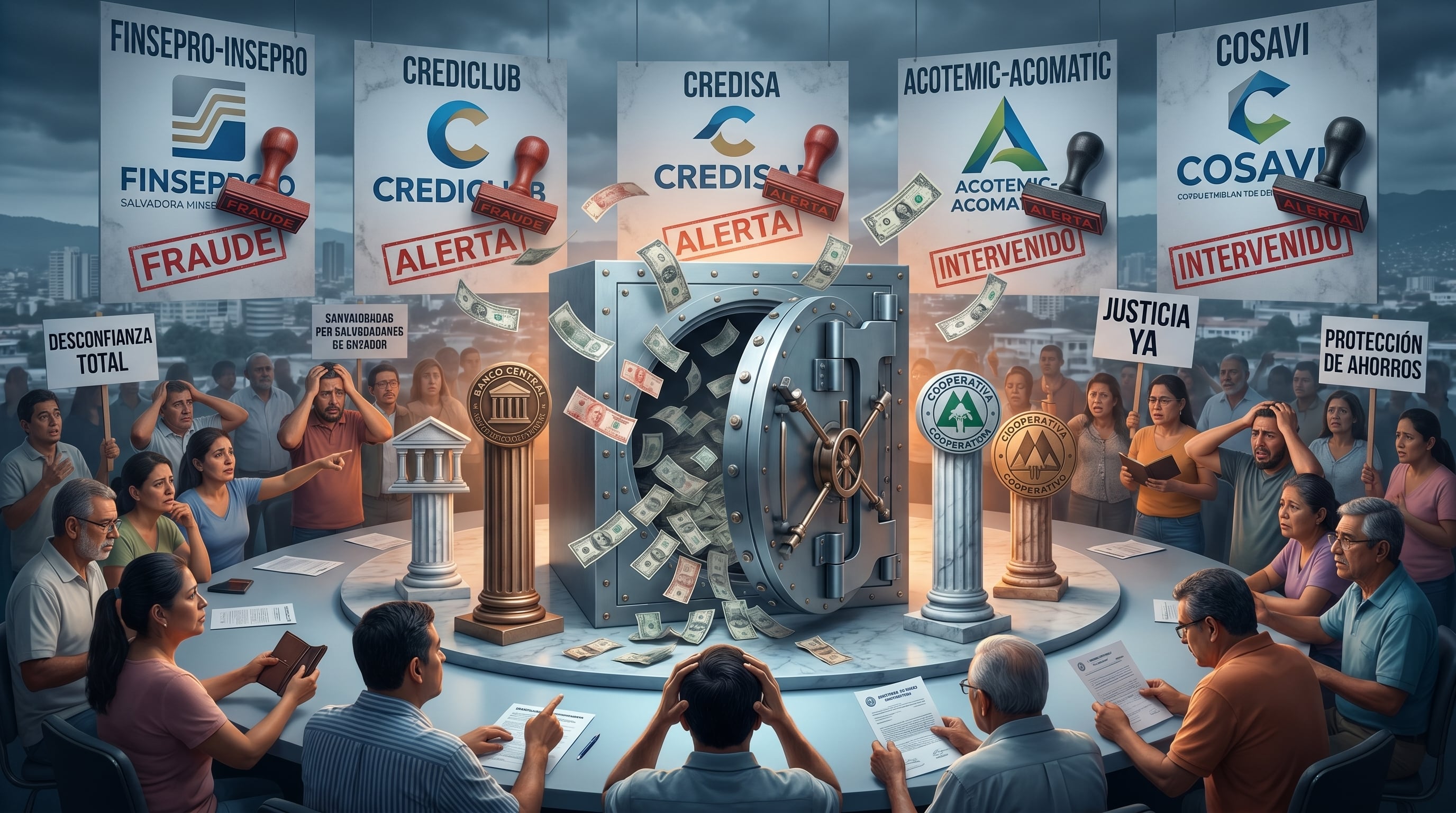 Ilustración de una bóveda bancaria abierta con dinero escapando que simboliza los fraudes financieros en El Salvador, mientras ciudadanos angustiados reaccionan ante los escándalos de Finsepro-Insepro, Crediclub, Credisa, ACOTEMIC-ACOMATIC y COSAVI. (Imagen Ilustrativa Infobae)